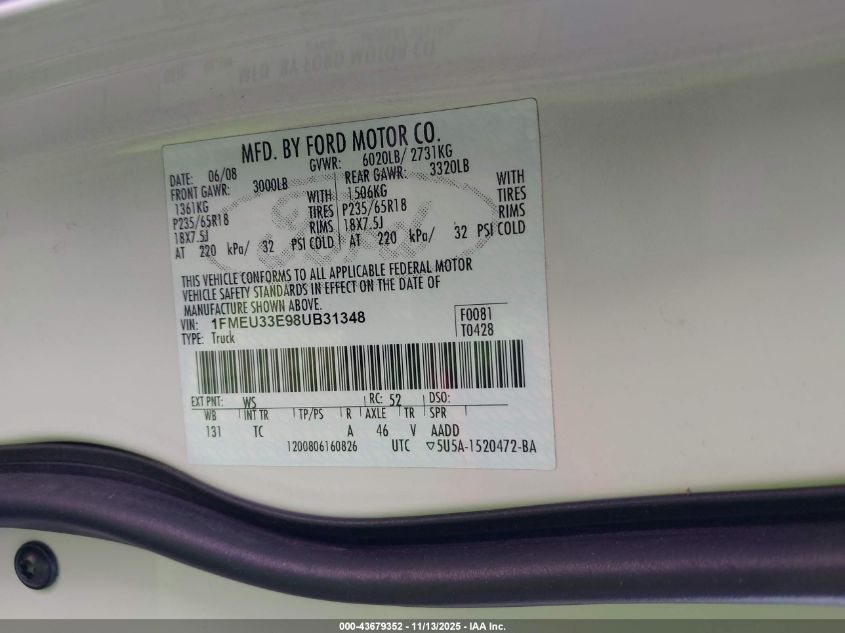 2008 Ford Explorer Sport Trac Limited VIN: 1FMEU33E98UB31348 Lot: 43679352