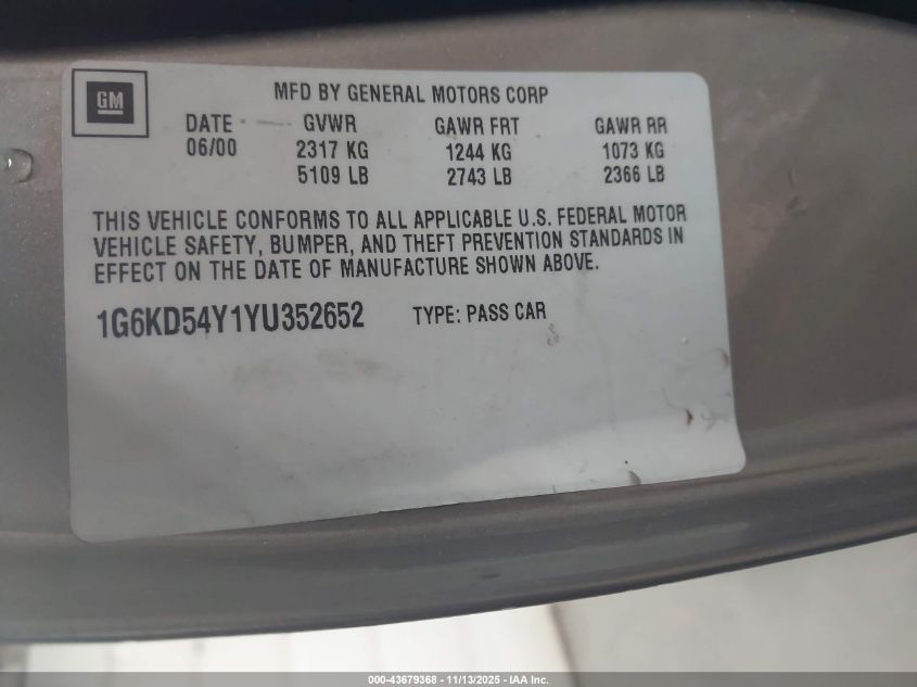 2000 Cadillac Deville VIN: 1G6KD54Y1YU352652 Lot: 43679368