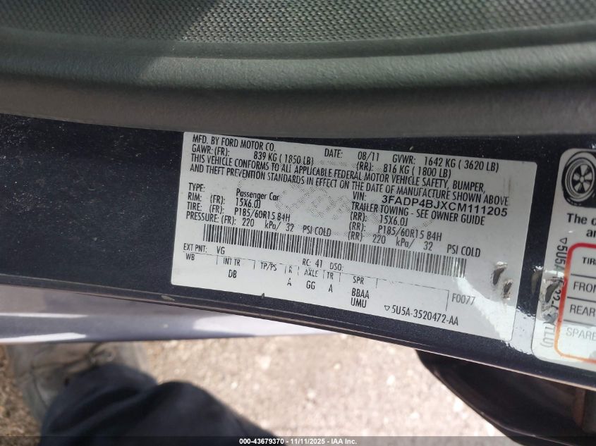 2012 Ford Fiesta Se VIN: 3FADP4BJXCM111205 Lot: 43679370