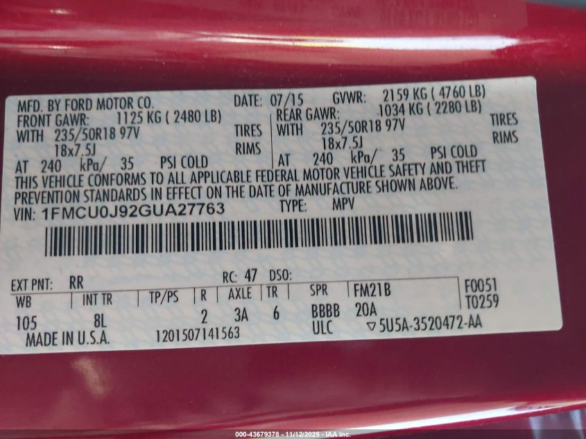 2016 Ford Escape Titanium VIN: 1FMCU0J92GUA27763 Lot: 43679378