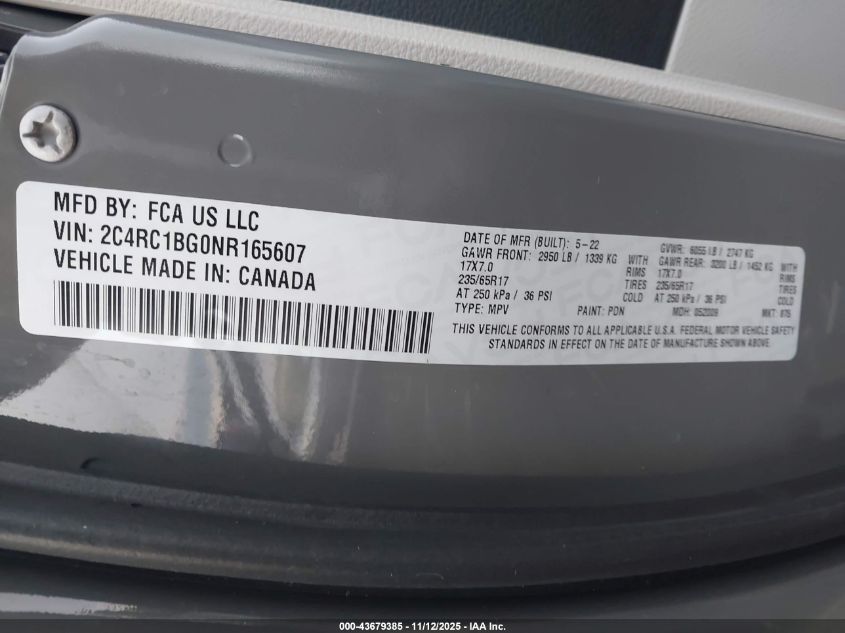 2022 Chrysler Pacifica Touring L VIN: 2C4RC1BG0NR165607 Lot: 43679385