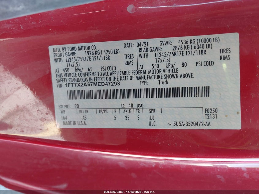 2021 Ford F-250 Xl VIN: 1FT7X2A67MED47293 Lot: 43679389