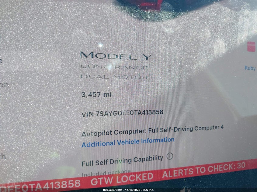 2026 Tesla Model Y Long Range Dual Motor All-Wheel Drive/Long Range Launch Series VIN: 7SAYGDEE0TA413858 Lot: 43679391