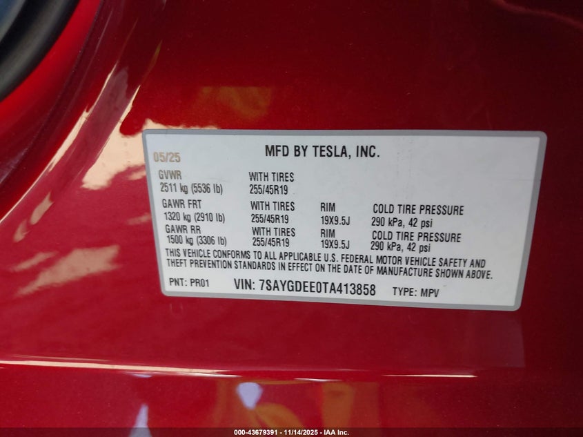 2026 Tesla Model Y Long Range Dual Motor All-Wheel Drive/Long Range Launch Series VIN: 7SAYGDEE0TA413858 Lot: 43679391
