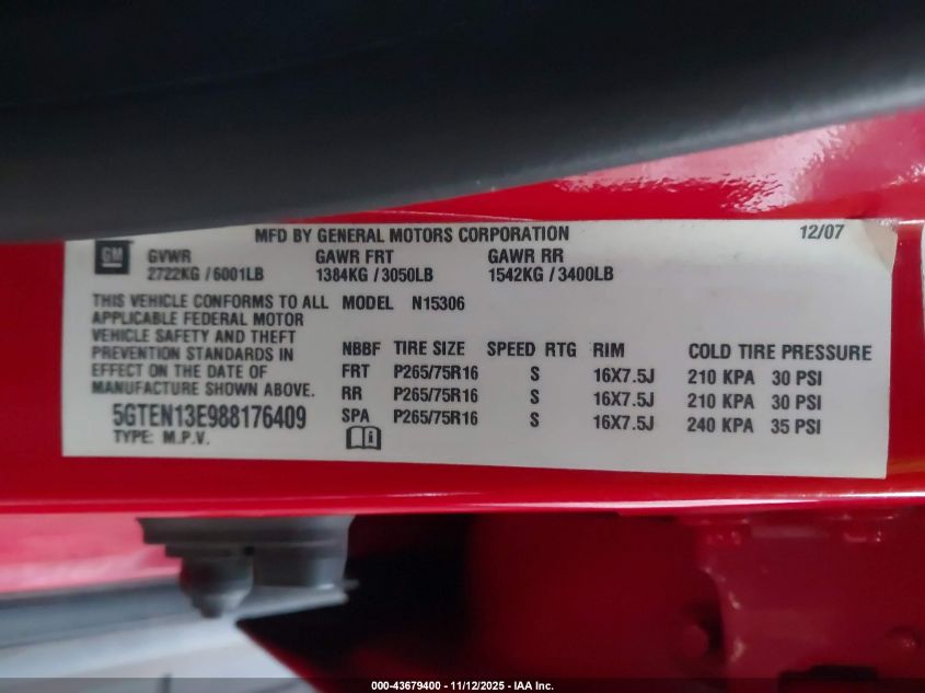 2008 Hummer H3 Suv VIN: 5GTEN13E988176409 Lot: 43679400