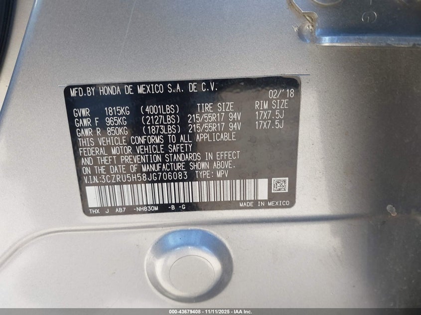 2018 HONDA HR-V EX 3CZRU5H58JG706083