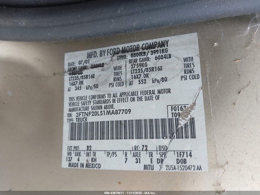 3FTNF20L51MA87709 2001 FORD F250 photo no. 9