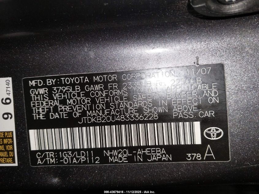 2008 Toyota Prius VIN: 5TDKB20448336228 Lot: 43679416