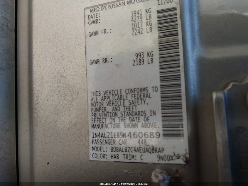 2009 Nissan Altima 2.5 S VIN: 1N4AL21E89N460689 Lot: 43679417