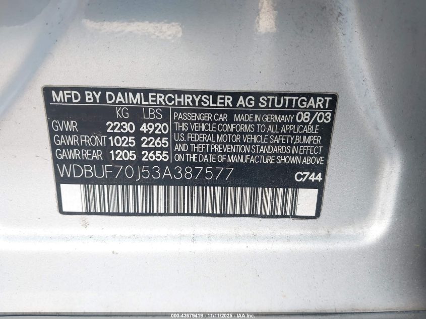 2003 Mercedes-Benz E 500 VIN: WDBUF70J53A387577 Lot: 43679419