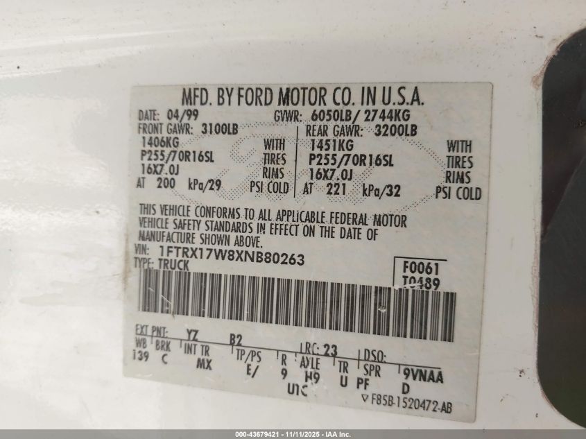 1999 Ford F-150 Lariat/Work Series/Xl/Xlt VIN: 1FTRX17W8XNB80263 Lot: 43679421