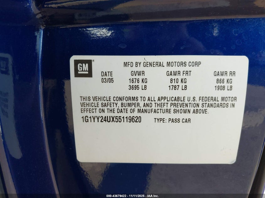 2005 Chevrolet Corvette VIN: 1G1YY24UX55119620 Lot: 43679422