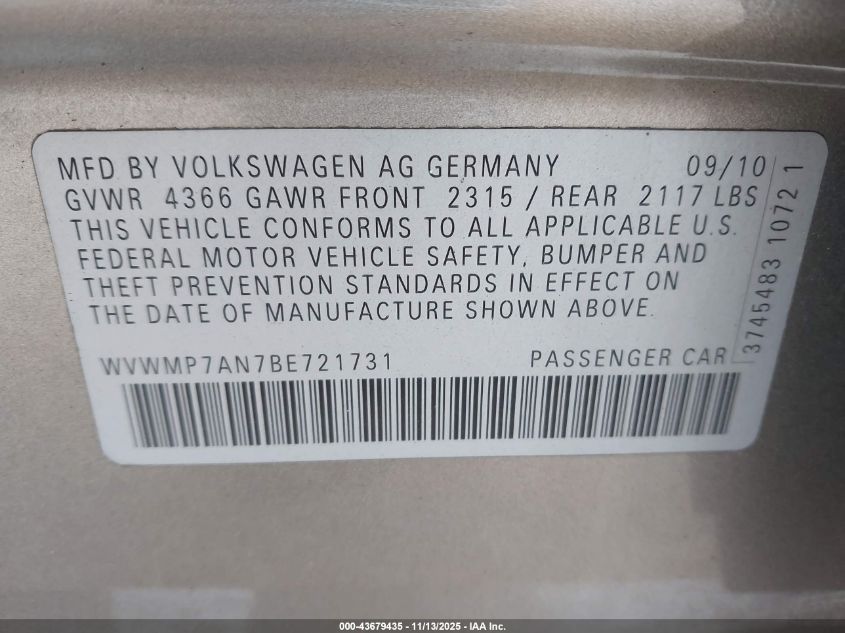 2011 Volkswagen Cc Sport VIN: WVWMP7AN7BE721731 Lot: 43679435