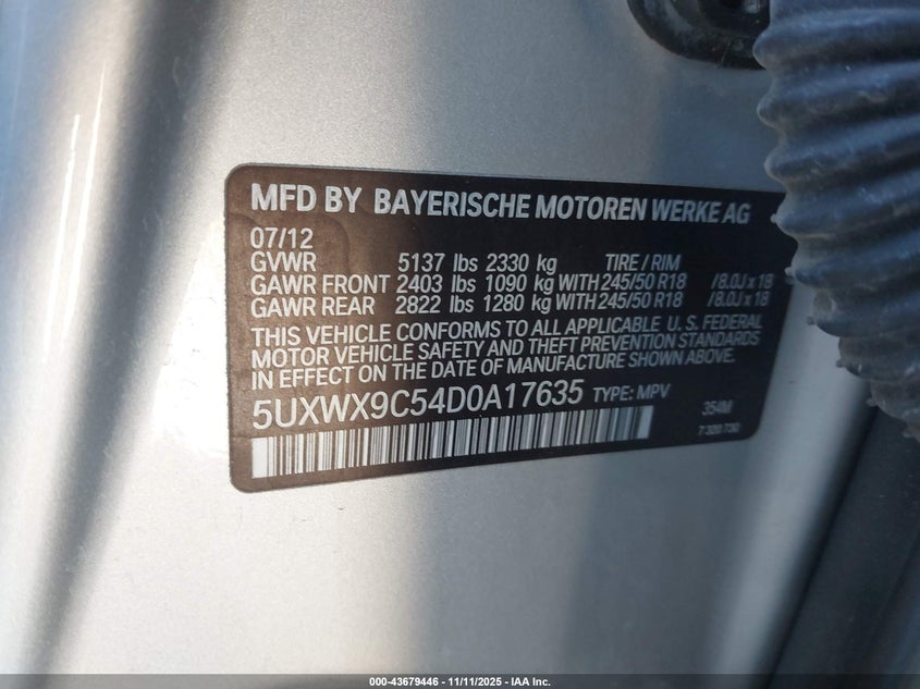 2013 BMW X3 XDRIVE28I 5UXWX9C54D0A17635