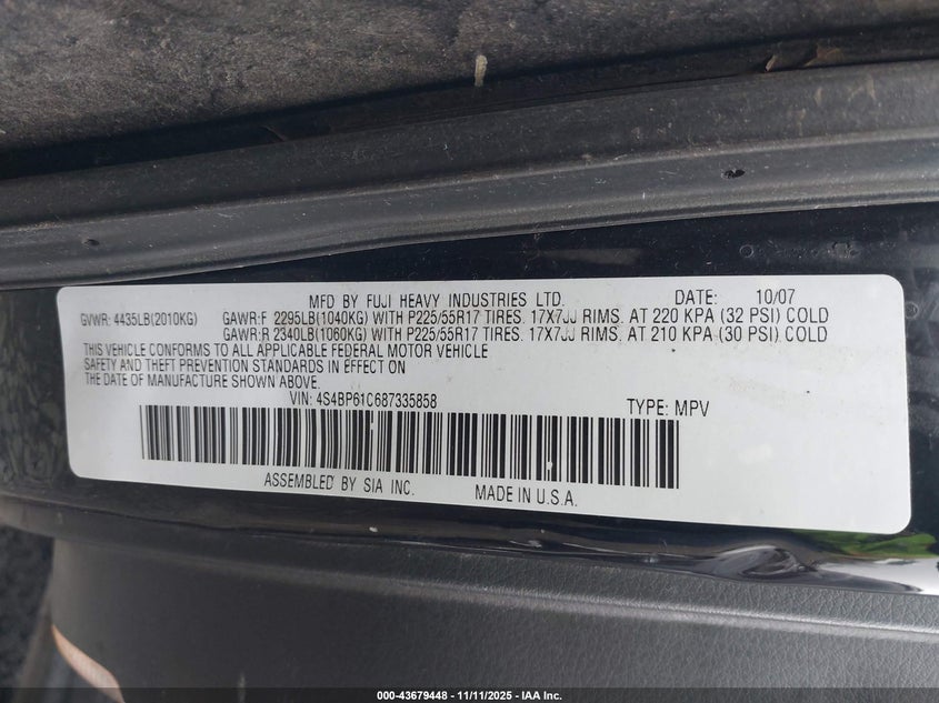 4S4BP61C687335858 2008 SUBARU OUTBACK photo no. 9