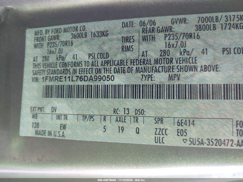 2006 Ford E-150 Xl/Xlt VIN: 1FMRE11L76DA99050 Lot: 43679449