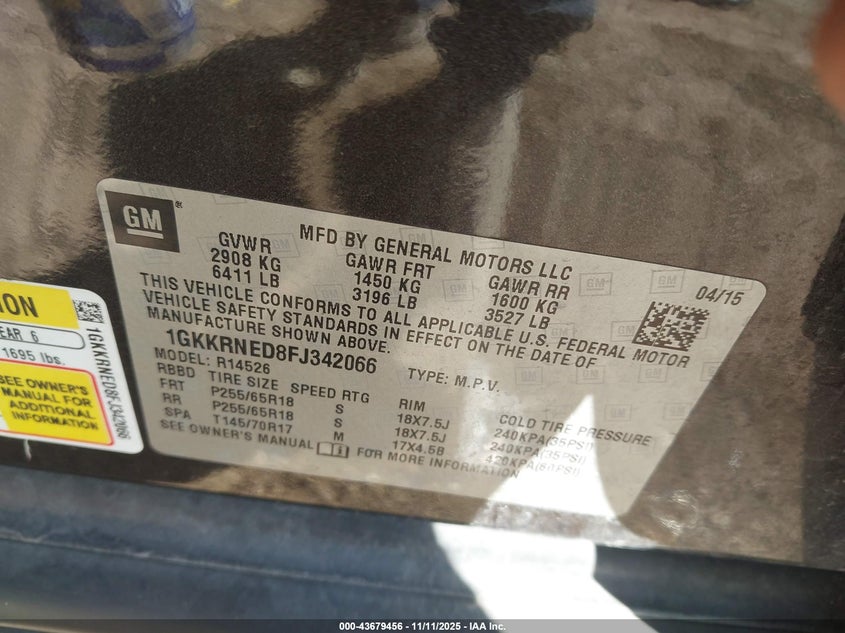 2015 GMC Acadia Sle-1 VIN: 1GKKRNED8FJ342066 Lot: 43679456