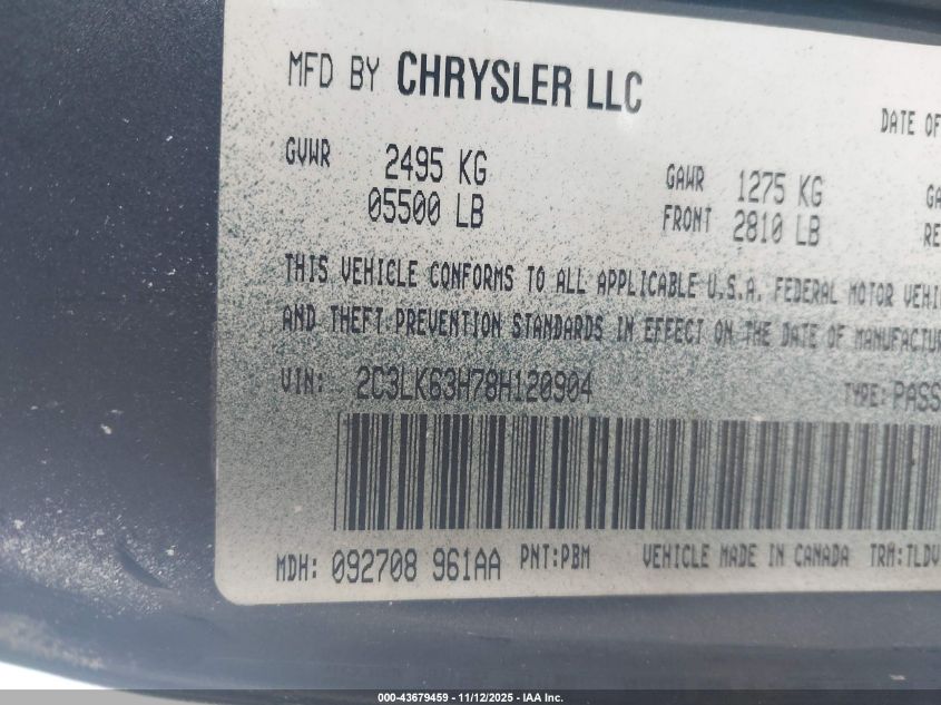 2008 Chrysler 300C VIN: 2C3LK63H78H120904 Lot: 43679459