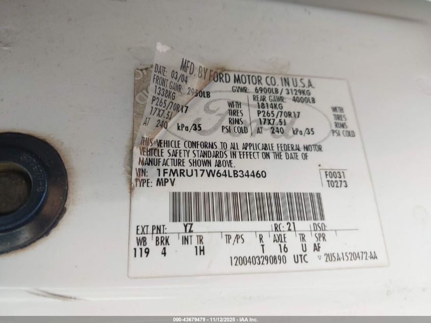 2004 Ford Expedition Eddie Bauer VIN: 1FMRU17W64LB34460 Lot: 43679479