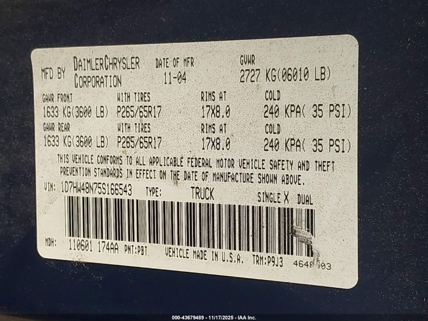2005 Dodge Dakota Slt VIN: 1D7HW48N75S166543 Lot: 43679489