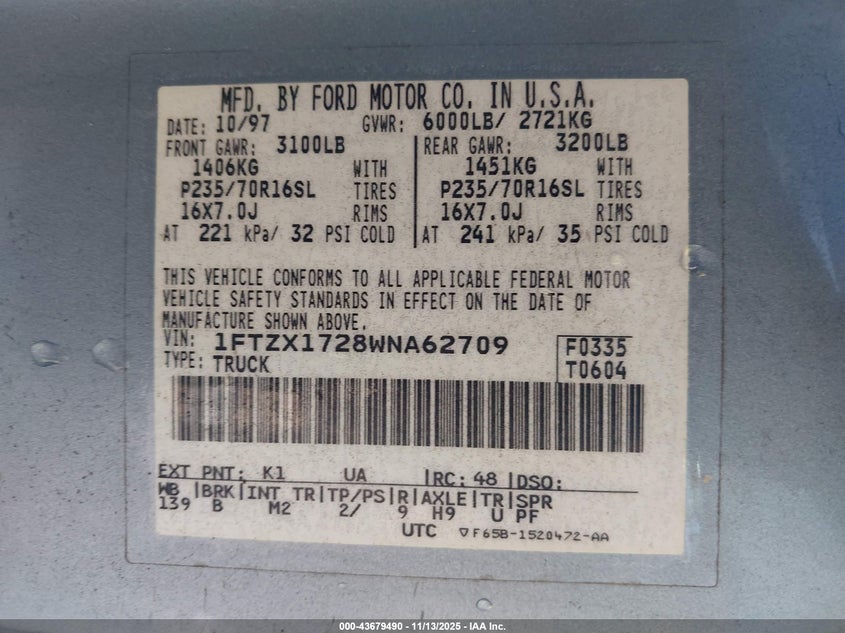 1FTZX1728WNA62709 1998 FORD F-150 photo no. 9