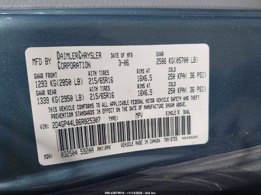 2006 Dodge Grand Caravan Sxt VIN: 2D4GP44L86R825307 Lot: 43679510