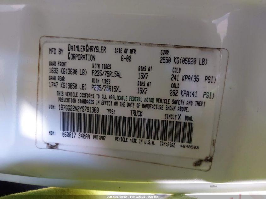 2000 Dodge Dakota Slt/Sport VIN: 1B7GG22N2YS791369 Lot: 43679512