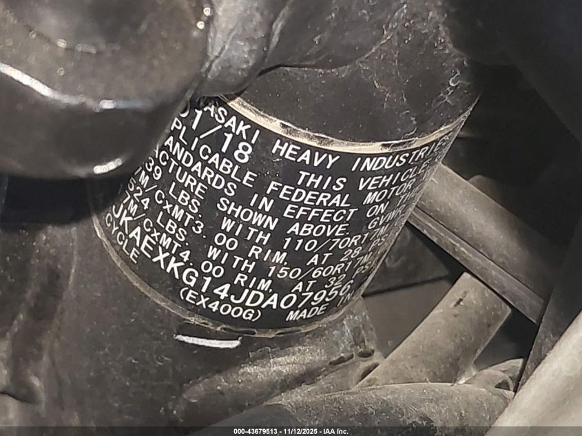 2018 Kawasaki Ex400 VIN: JKAEXKG14JDA07956 Lot: 43679513