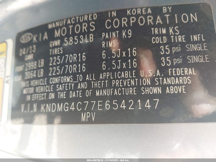 2014 Kia Sedona Lx VIN: KNDMG4C77E6542147 Lot: 43679515