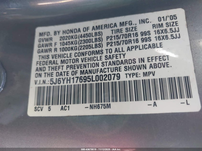 2005 Honda Element Ex VIN: 5J6YH17695L002079 Lot: 43679519