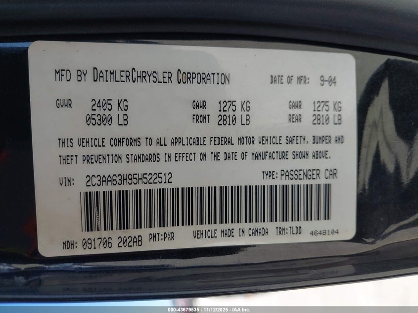 2005 Chrysler 300C VIN: 2C3AA63H95H522512 Lot: 43679535