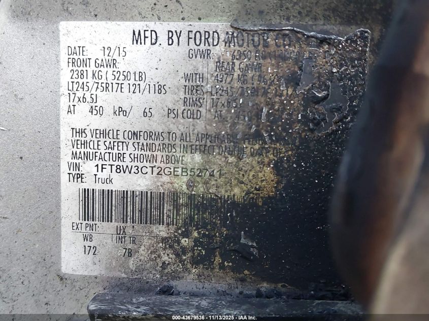 2016 Ford F-350 Lariat VIN: 1FT8W3CT2GEB52741 Lot: 43679536