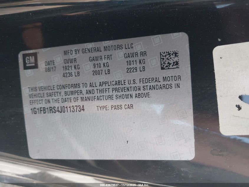 2018 Chevrolet Camaro 1Lt VIN: 1G1FB1RS4J0113734 Lot: 43679537