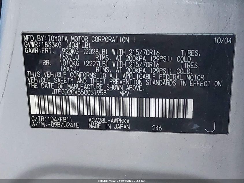 2005 Toyota Rav4 VIN: JTEGD20V550051958 Lot: 43679548