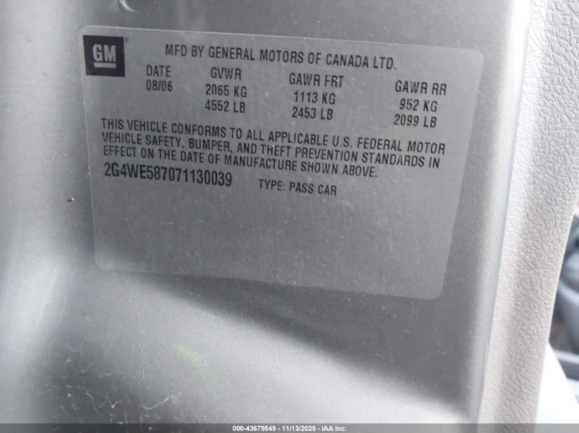 2007 Buick Lacrosse Cxs VIN: 2G4WE587071130039 Lot: 43679549
