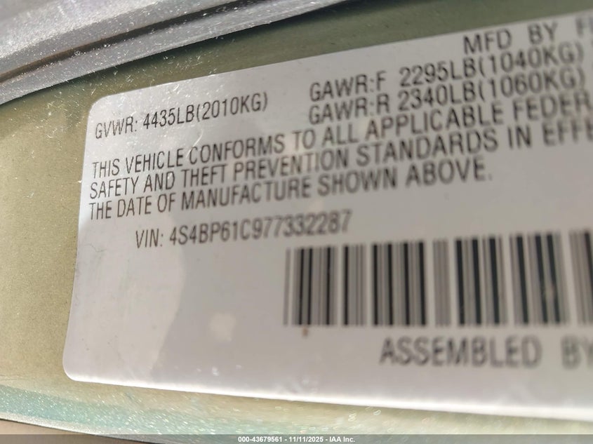 4S4BP61C977332287 2007 SUBARU OUTBACK photo no. 9