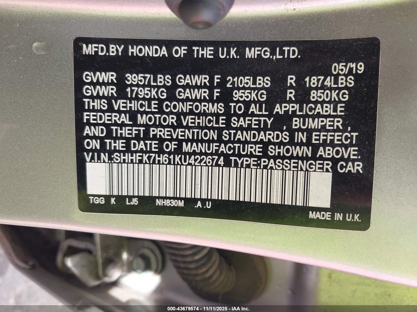 2019 HONDA CIVIC EX SHHFK7H61KU422674