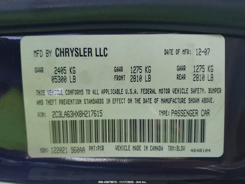 2008 Chrysler 300C Hemi VIN: 2C3LA63HX8H217615 Lot: 43679578