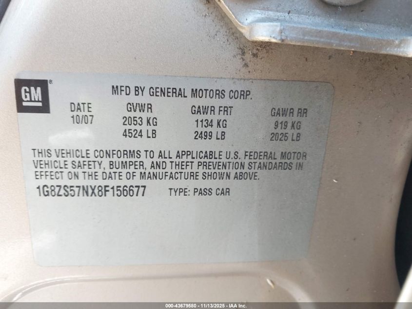 2008 Saturn Aura Xe VIN: 1G8ZS57NX8F156677 Lot: 43679580