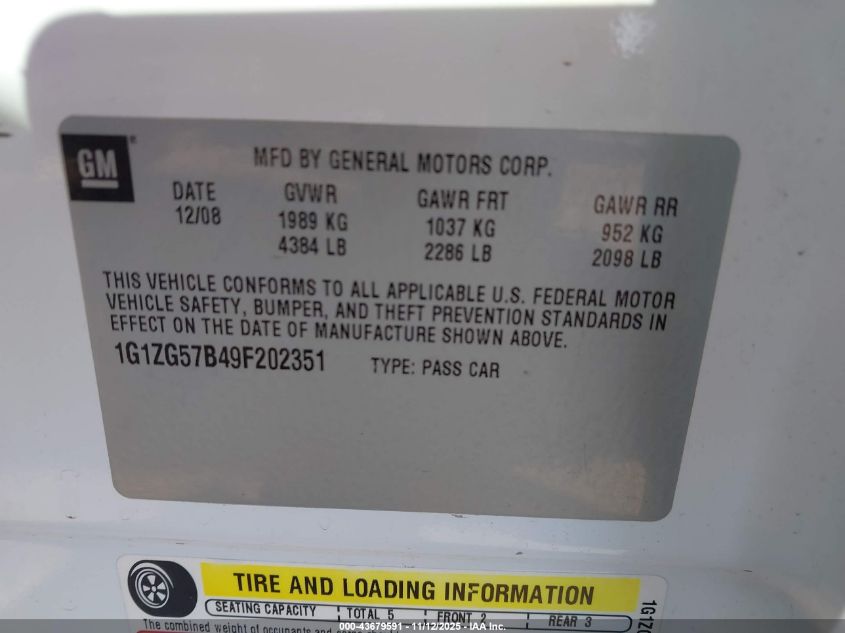 2009 Chevrolet Malibu Ls VIN: 1G1ZG57B49F202351 Lot: 43679591