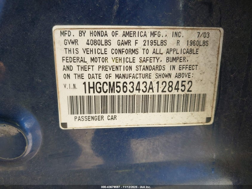 1HGCM56343A128452 2003 HONDA ACCORD photo no. 9