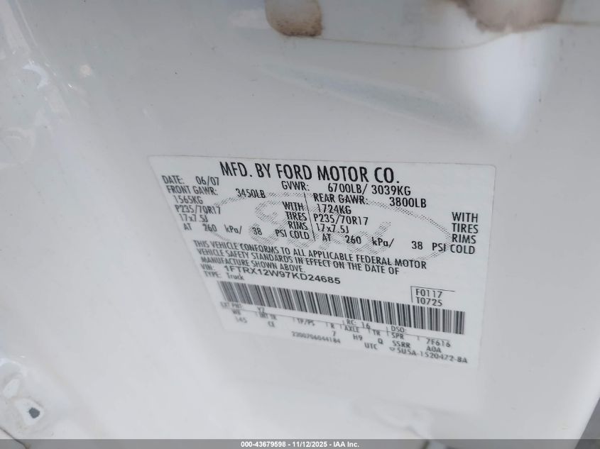 2007 Ford F-150 Fx2/Stx/Xl/Xlt VIN: 1FTRX12W97KD24685 Lot: 43679598