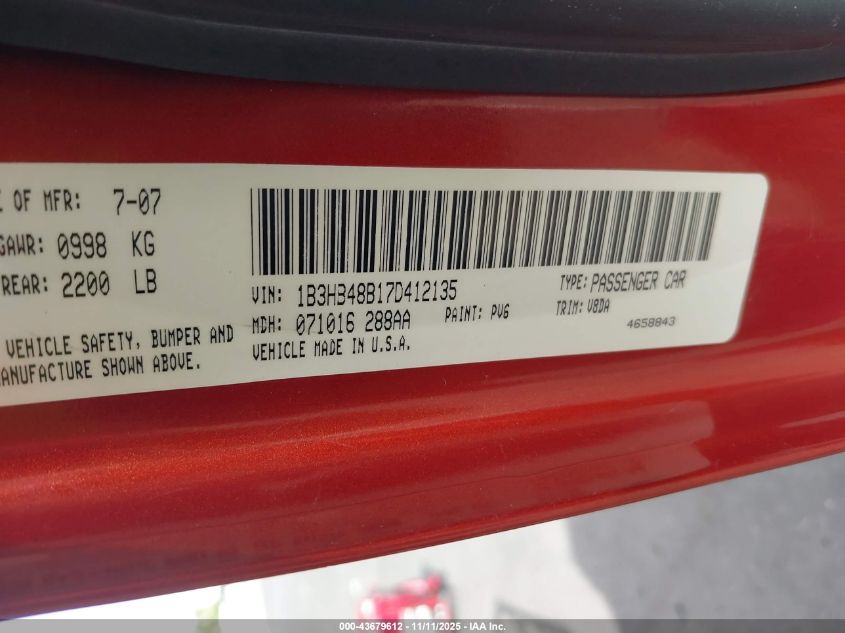 2007 Dodge Caliber Sxt VIN: 1B3HB48B17D412135 Lot: 43679612