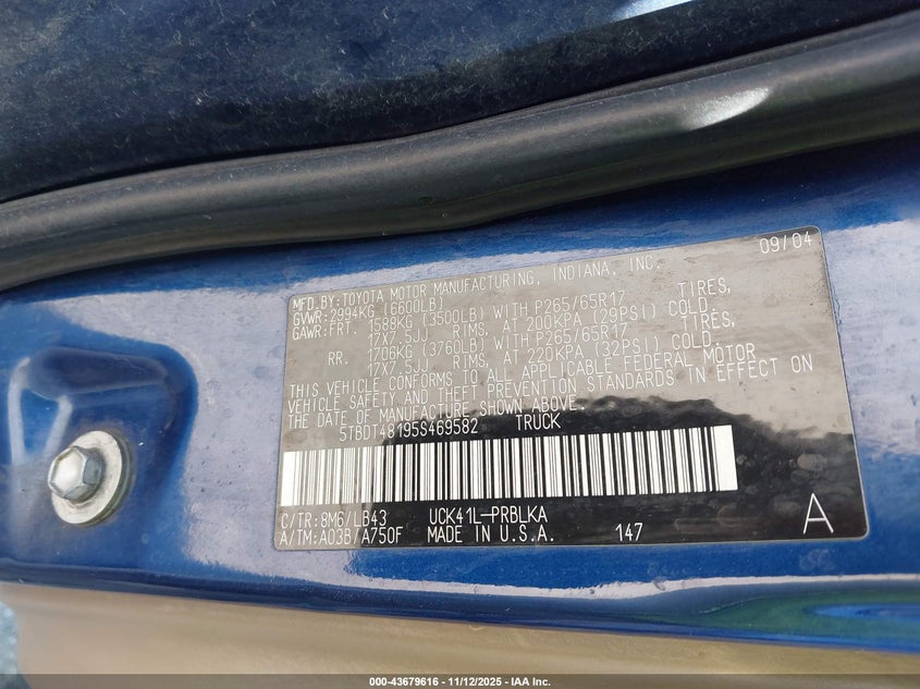 5TBDT48195S469582 2005 TOYOTA TUNDRA photo no. 9