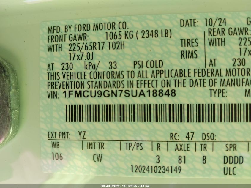 2025 Ford Escape Active VIN: 1FMCU9GN7SUA18848 Lot: 43679622