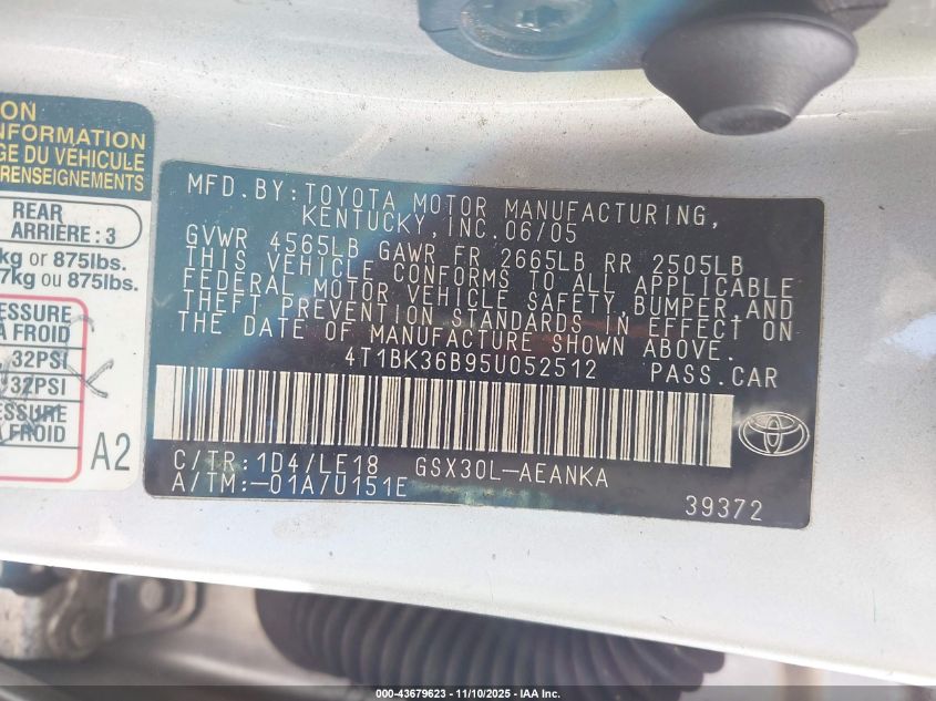 2005 Toyota Avalon Touring VIN: 4T1BK36B95U052512 Lot: 43679623