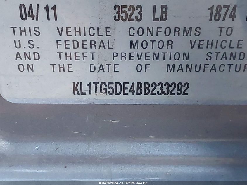 2011 Chevrolet Aveo 2Lt VIN: KL1TG5DE4BB233292 Lot: 43679624