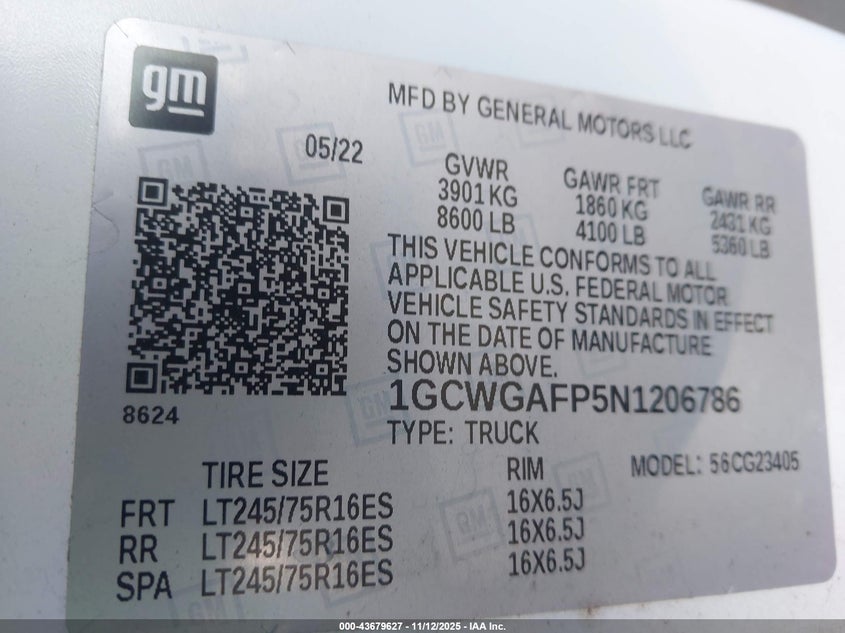 2022 Chevrolet Express Cargo Rwd 2500 Regular Wheelbase Wt VIN: 1GCWGAFP5N1206786 Lot: 43679627