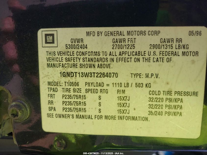 1996 Chevrolet Blazer VIN: 1GNDT13W3T2264070 Lot: 43679629