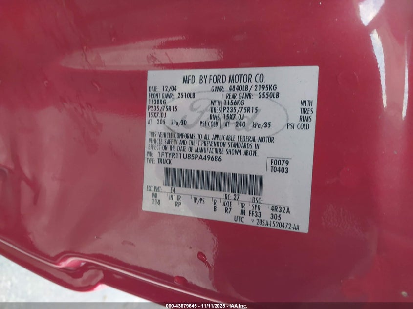 1FTYR11U85PA49686 2005 FORD RANGER photo no. 9